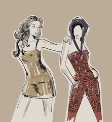 Wall Mural - Two girls in fashionable clothes. Hand-drawn illustration.