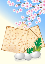 Jewish Celebrate Pesah  With Eggs, Matzo And Flowers