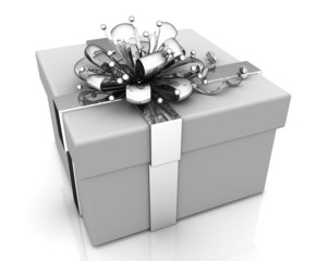 Poster - Gift box with a silver bow in 3-d visualization