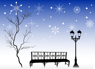 Canvas Print - tree and bench under snowflakes