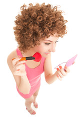 Poster - Fun woman with brush for makeup on the white background