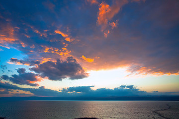 dark pink and blue sunset on Dead Sea