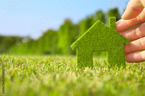 Photographie Tenant éco icône de la maison dans la nature main