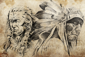 Papier Peint - Tattoo sketch of American Indian warriors