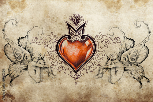 Tapeta ścienna na wymiar Tattoo art design, heart with two nymphs on each side