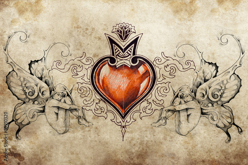 Naklejka dekoracyjna Tattoo art design, heart with two nymphs on each side