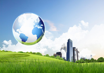 Wall Mural - green nature landscape with planet earth
