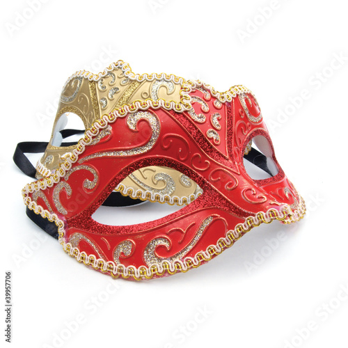 Red and gold masquerade mask on white background - Buy this stock photo