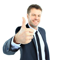 happy business man going thumbs up, isolated on