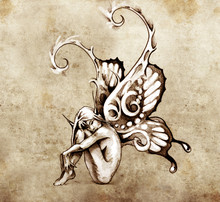 Sketch Of Tattoo Art, Fairy With Butterfly Wings