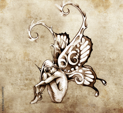 szkic-tatuazu-narysowana-wrozka-ze-skrzydlami-motyla-elf