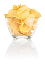 Glass Bowl Of With Pile Potato Chips On A White Background