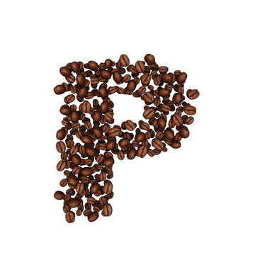 Letter P .Alphabet from coffee beans. isolated on white.