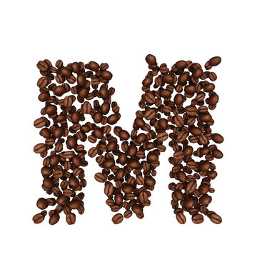 Letter M .Alphabet from coffee beans. isolated on white.