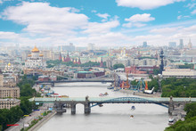 Pushkinsky And Krymsky Bridges At Day In Moscow, Russia