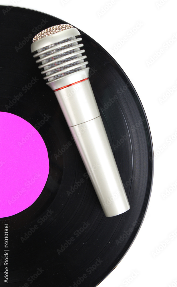 Black vinyl record and microphone isolated on white