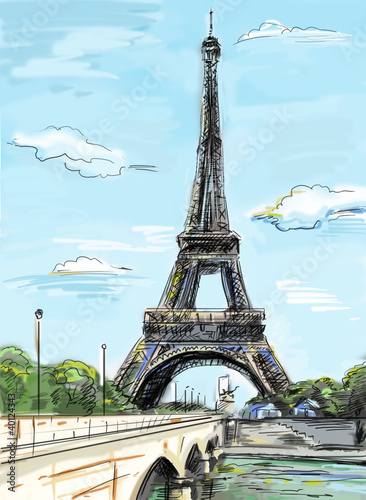 Naklejka dekoracyjna Parisian streets -Eiffel Tower illustration