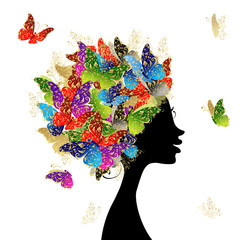 Wall Mural - Female head with hairstyle made from butterflies for your design