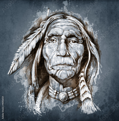 Foto-Vorhang - Sketch of tattoo art, portrait of american indian head (von Fernando Cortés)