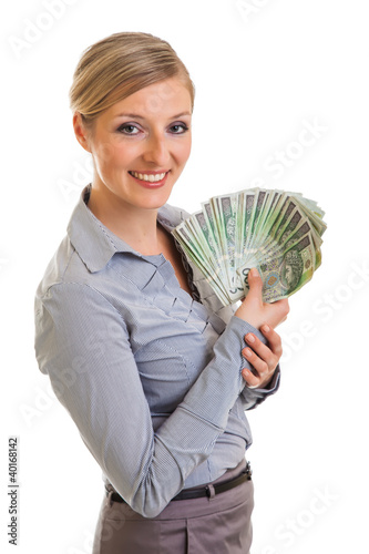 Fotografía Businesswoman with polish zloty banknotes isolated on white