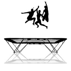 Wall Mural - silhouette of three female gymnasts jumping on trampoline