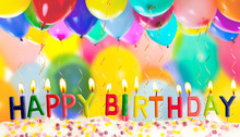 Happy Birthday Lit Candles On Colorful Balloons Background
