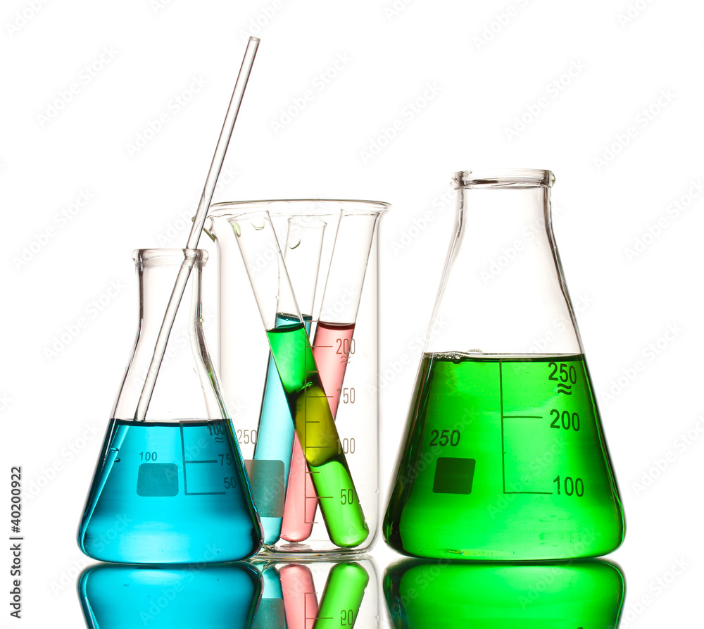 Different laboratory glassware with color liquid and with