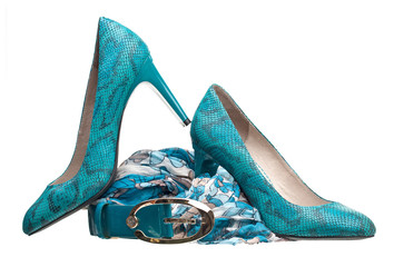 Wall Mural - Pair of turquoise women shoes, belt and silk scarf