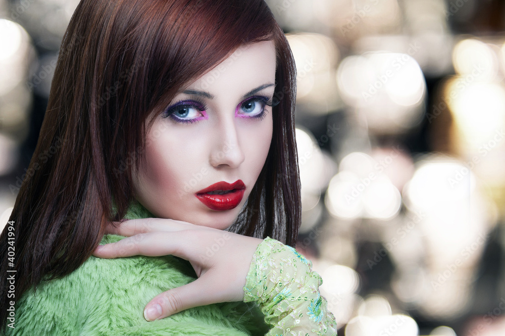 Portrait of a beauty brunette with red lips - obrazy, fototapety, plakaty 