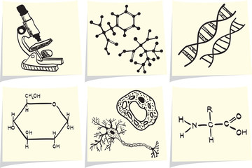 Fototapete - Biology and chemistry icons on yellow memo sticks