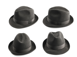 a dark greyfedora hat isolated on white