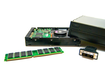 cd-rom, hard drive and computer memory on white