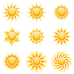 Yellow sun vector icons isolated on white.