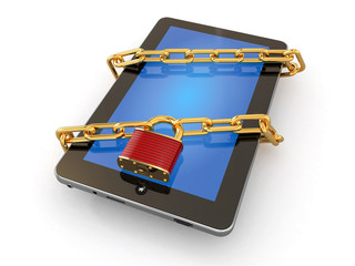 Poster - Tablet pc security. Chain with lock on computer.