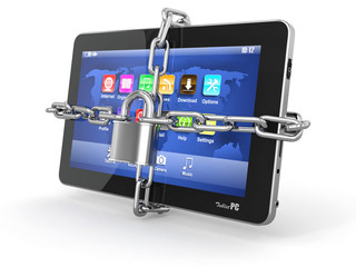 Poster - Tablet pc security. Chain with lock on computer.