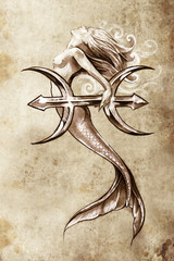 Papier Peint - Tattoo art, sketch of a mermaid, pisces vintage style