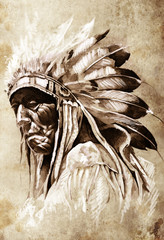Papier Peint - Sketch of tattoo art, indian head, chief, vintage style