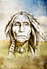 Papier Peint - Sketch of tattoo art, indian head over field background