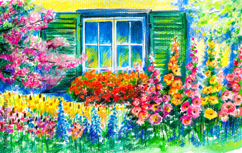 kolorowa-pastelowa-ilustracja-widok-z-okna-na-kolorowy-kwiatowy-ogrod