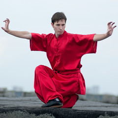 Wall Mural - Wushoo man in red practice martial art