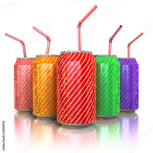 Fototapeta do kuchni colorful aluminum cans with straws on white background