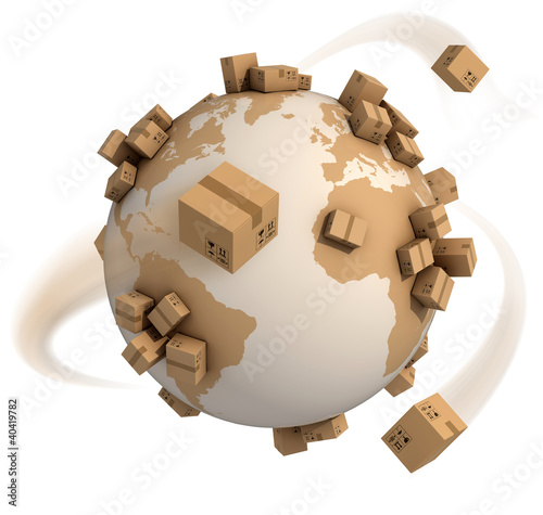 Fotomural cardboard boxes around the world - global shipment 3d concept