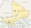 Mali political map with the capital Bamako, national borders, most important cities, rivers and lakes. Illustration with English labeling and scale. Vector.