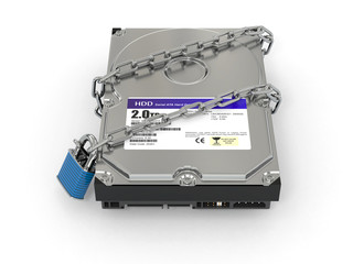 Poster - Protected hdd. Chain and lock on hard disk drive