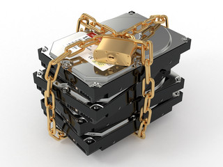 Poster - Protected hdd. Chain and lock on hard disk drive