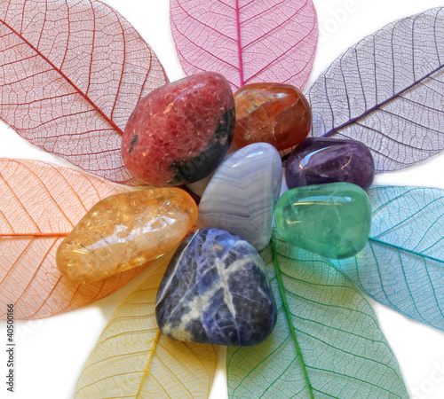 Naklejka na szybę Chakra stones on skeleton leaves, close up