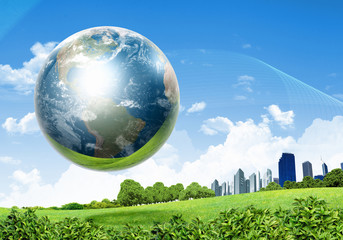 Poster - Green nature landscape with planet Earth