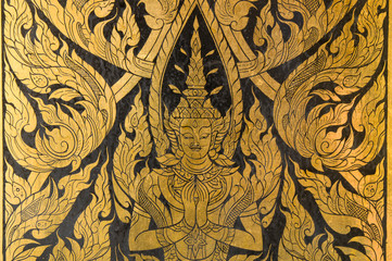 Thai art style on wall, take photo from temple in  Thailand