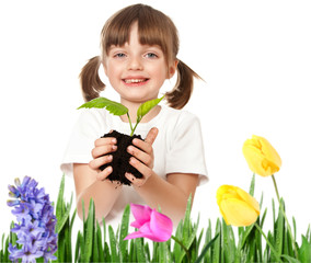 Wall Mural - gardening concept - little girl helping with plant