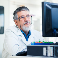  Senior researche using a computer in the lab